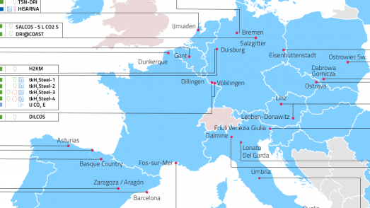 Map of key low-CO2 emissions projects in the EU steel industry